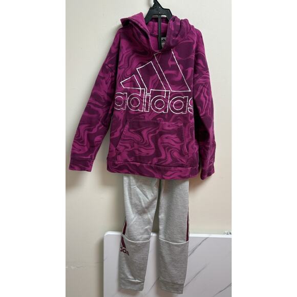 Adidas Youth Girls Tracksuit Set Size 14 Pink Marble Hoodie Gray Jogger Pants - Picture 1 of 7
